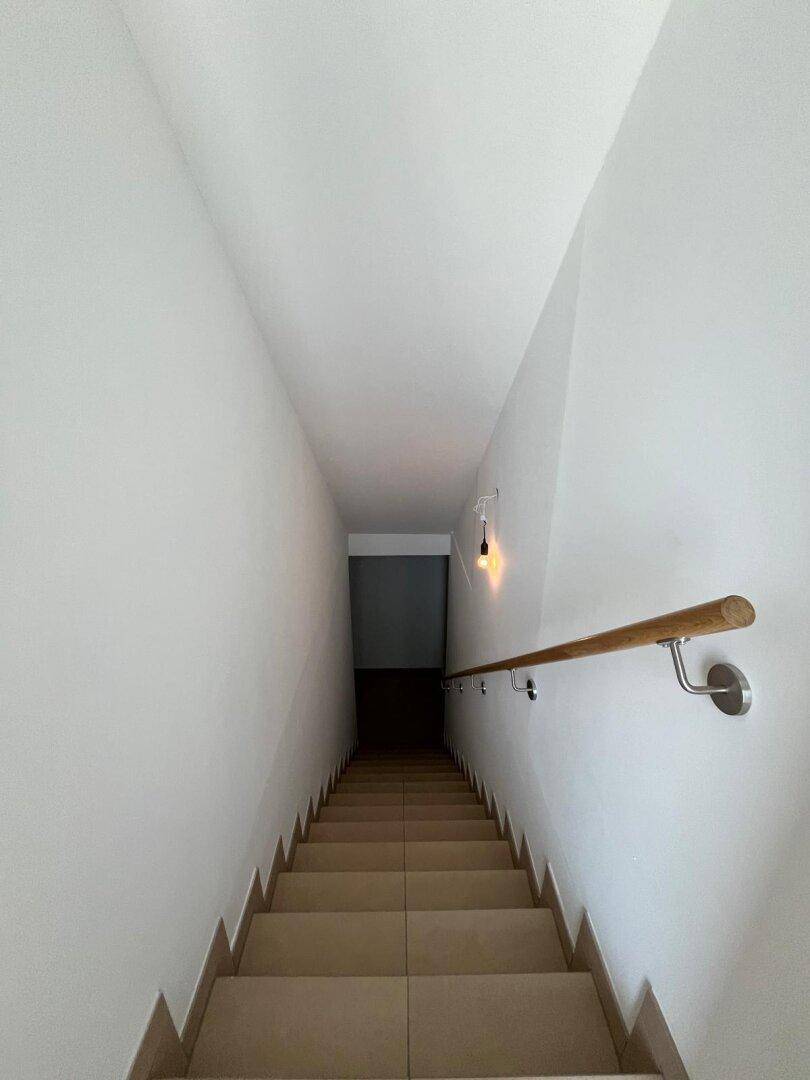 Treppenabgang in den Keller mit gefliesten Stufen und Holzhandlauf.