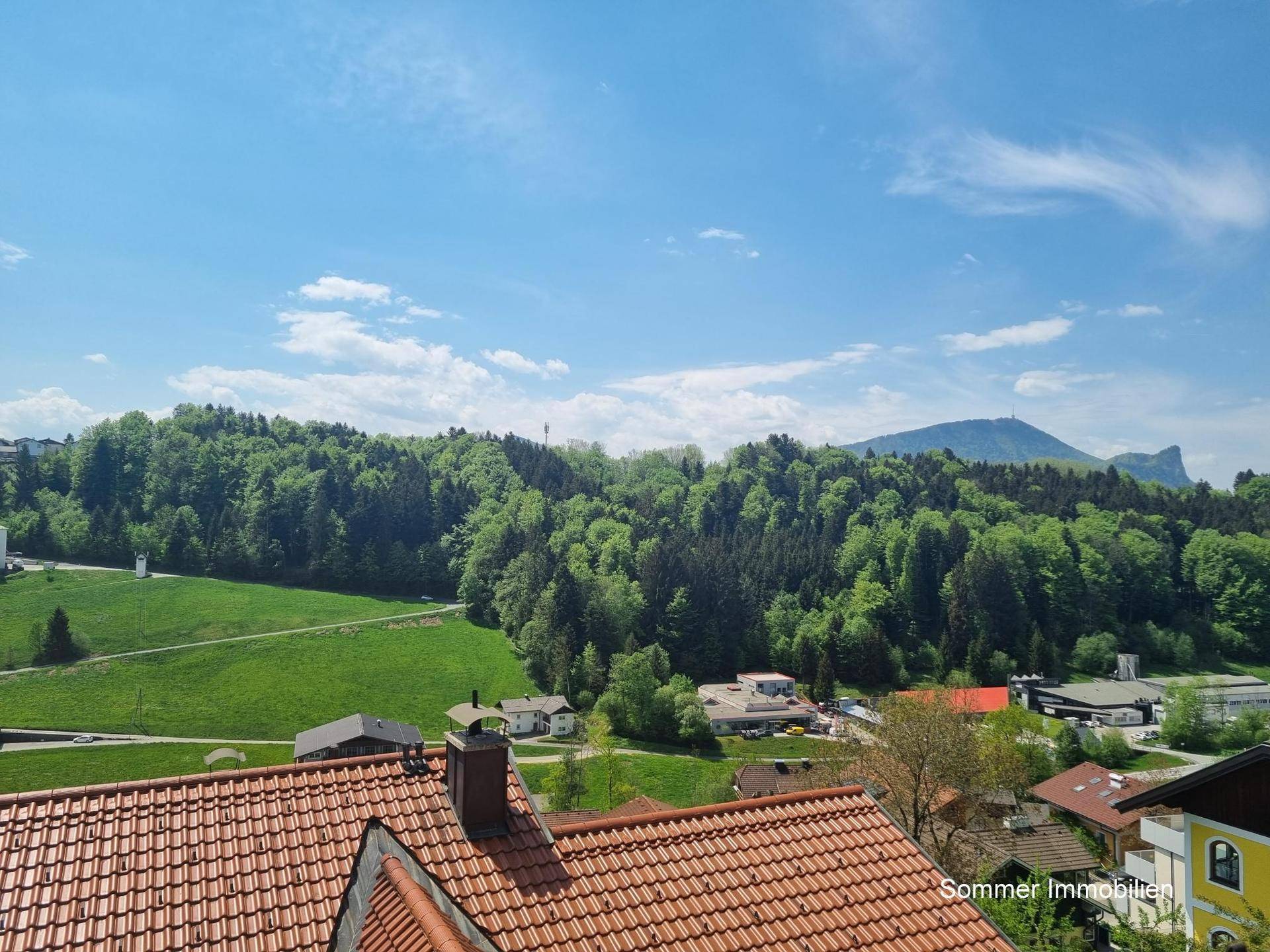 Weitblick über Dächer, grüne Wälder und die umliegende Berglandschaft unter blauem Himmel.