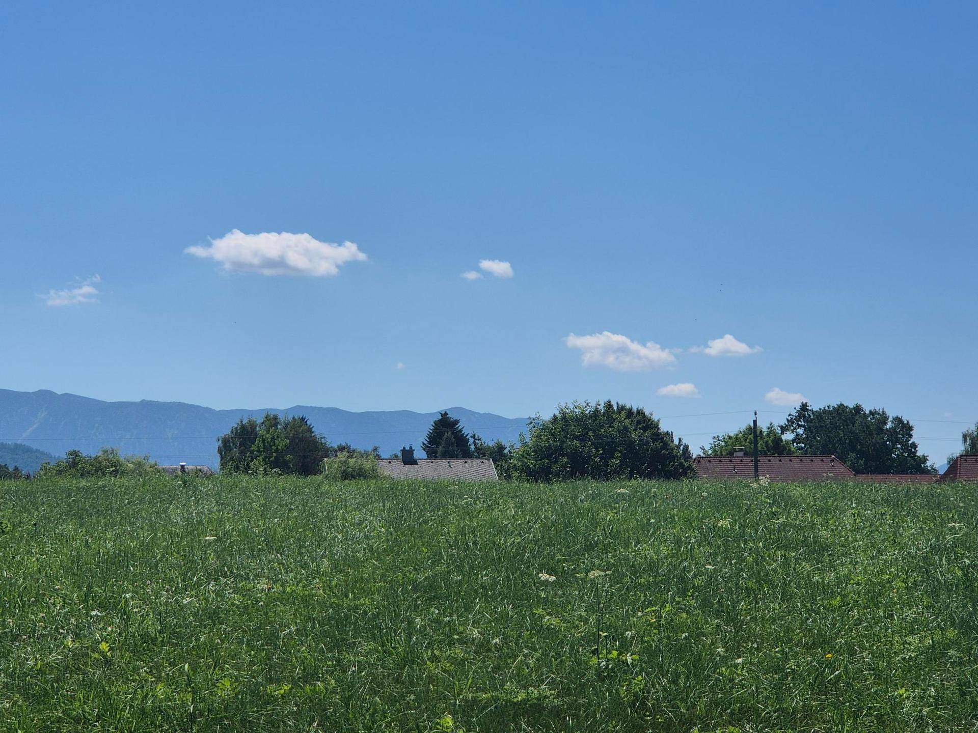 Idyllische Landschaft mit weitem Grünland, vereinzelten Häusern und Bergen unter blauem Himmel.