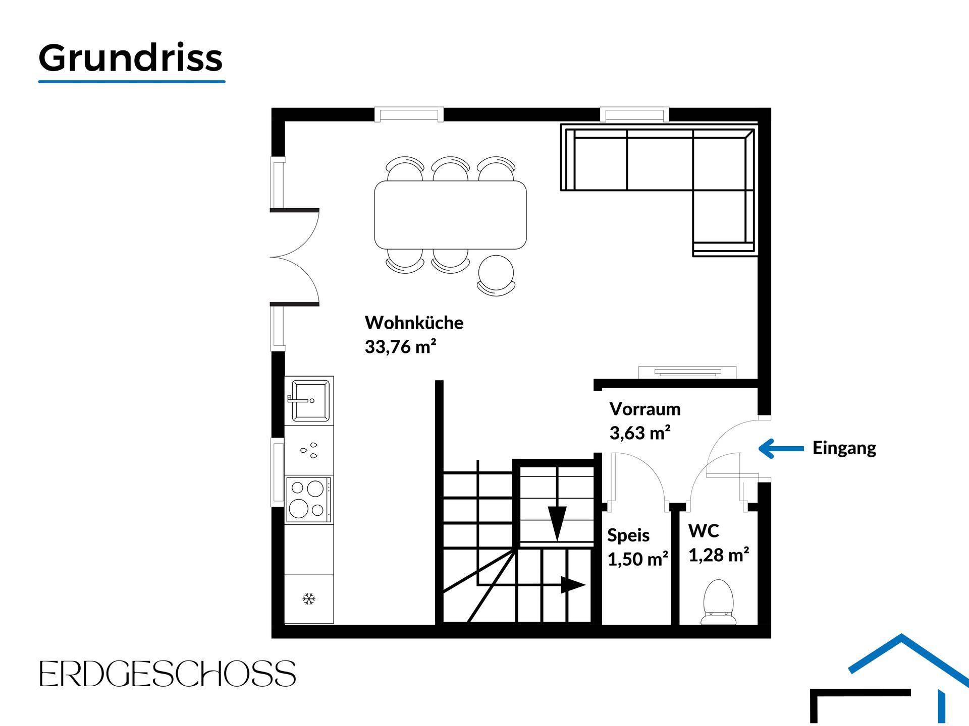 Grundriss des Erdgeschosses mit offener Wohnküche, Vorraum, Speis und Gäste-WC.