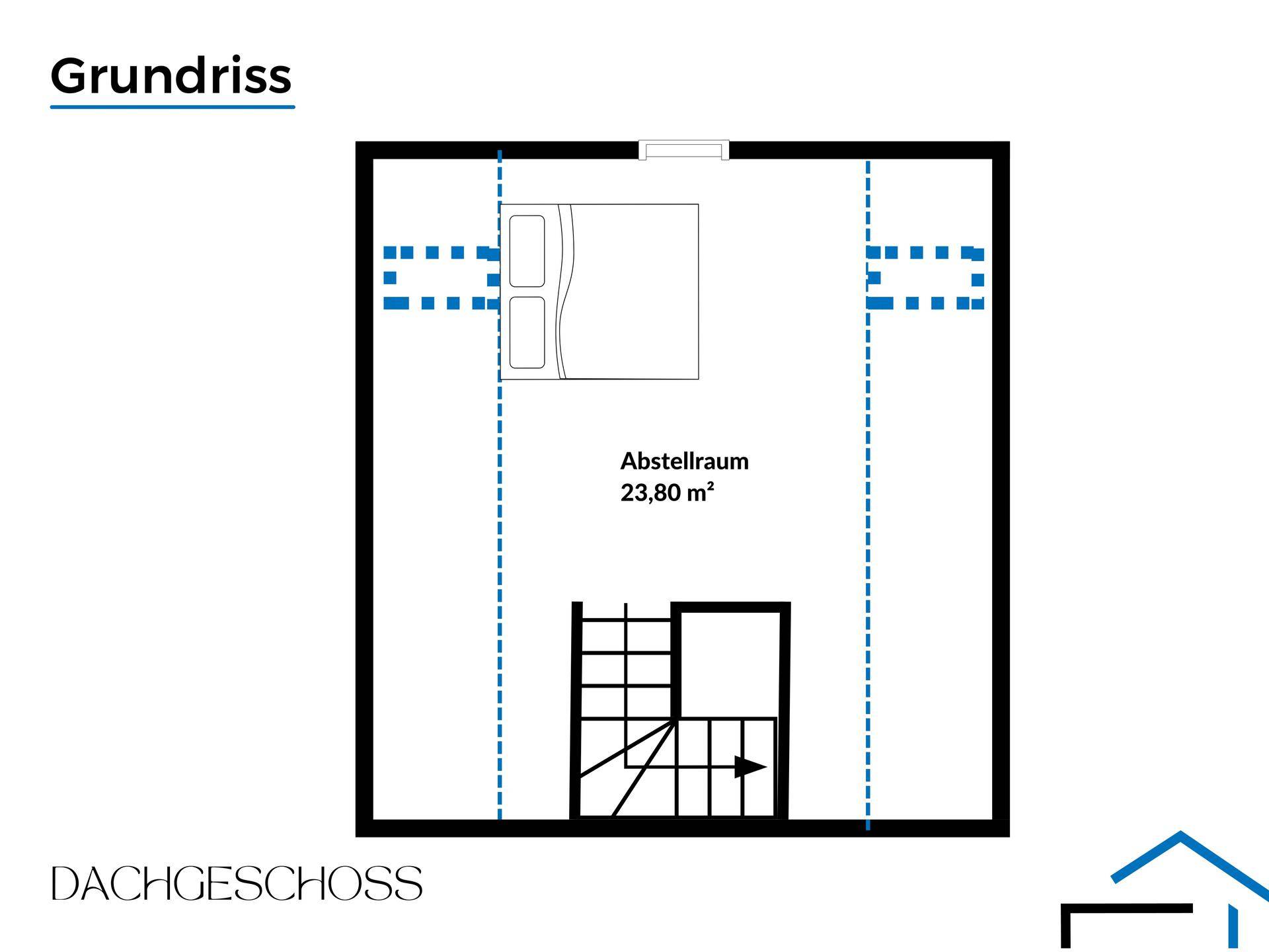 Grundriss des Dachgeschosses mit Abstellraum und Schrägen.
