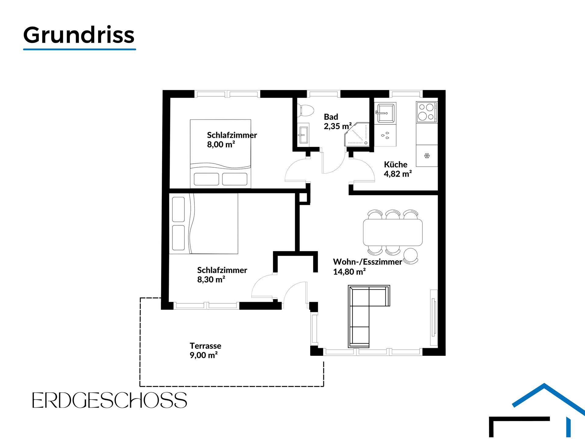 Grundriss des Erdgeschosses mit zwei Schlafzimmern, Bad, Küche und Wohn-Esszimmer.