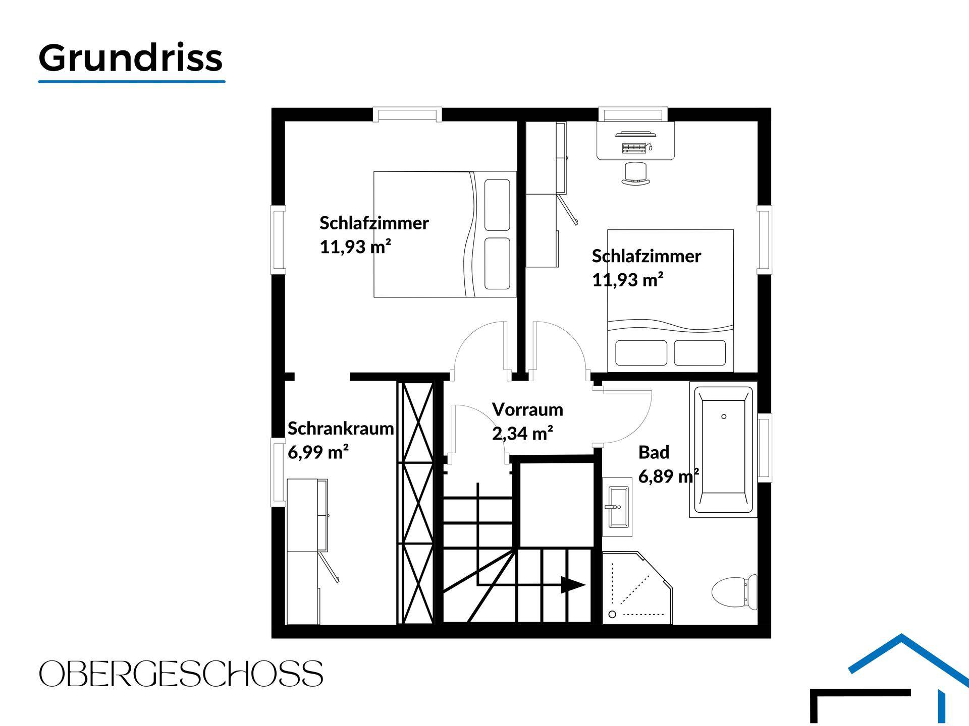 Grundriss des Obergeschosses mit zwei Schlafzimmern, Bad und Schrankraum.