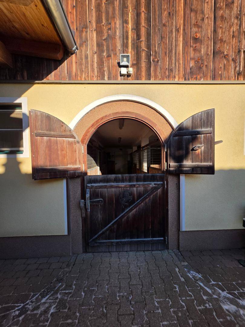 Rustikales Stalltor mit Holztüren und einem Rundbogen, das zu einem Innenbereich führt.