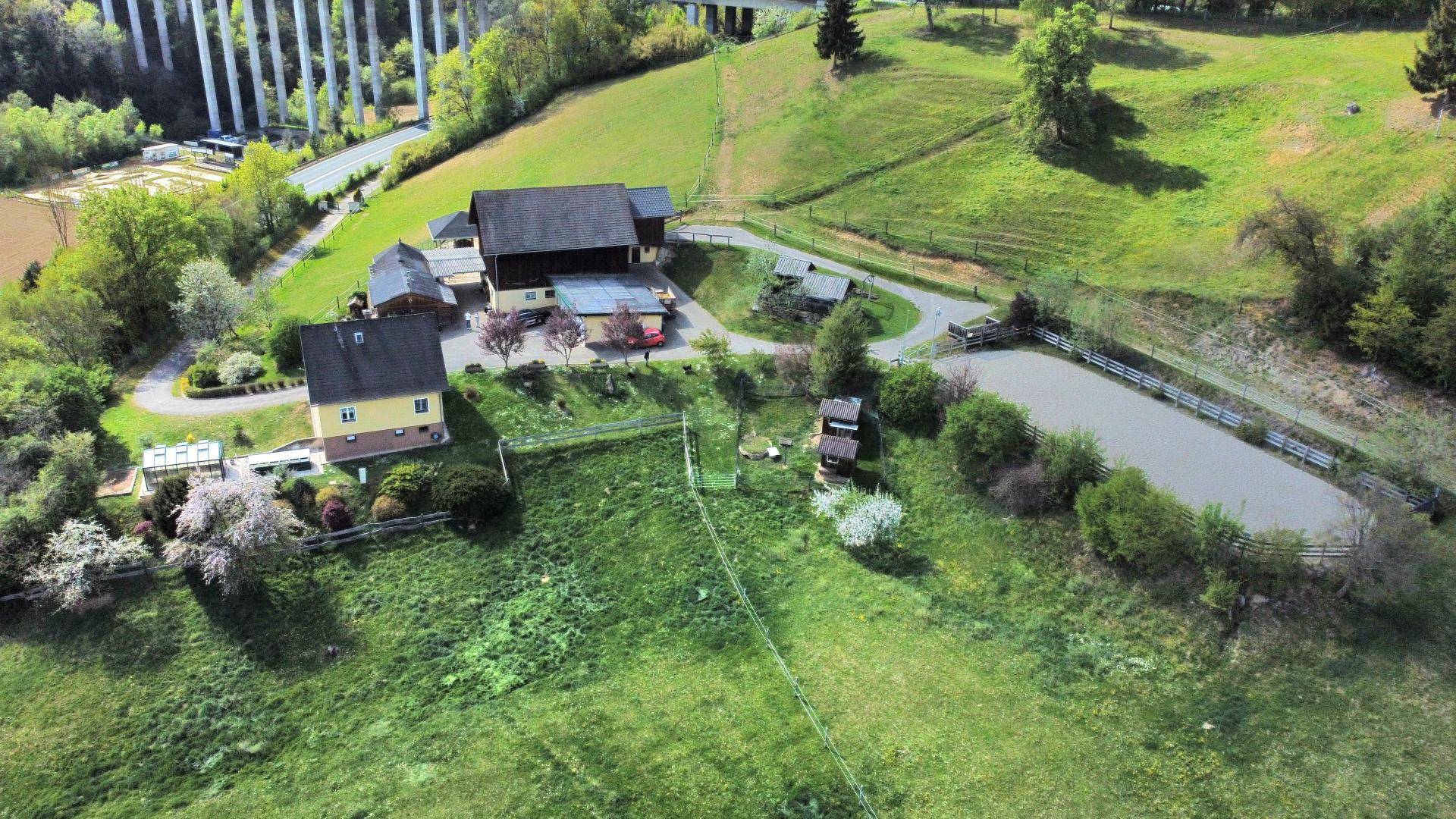 Übersichtliche Luftaufnahme eines ländlichen Anwesens mit Wohnhaus, Stallungen und Reitplatz in grüner Landschaft.