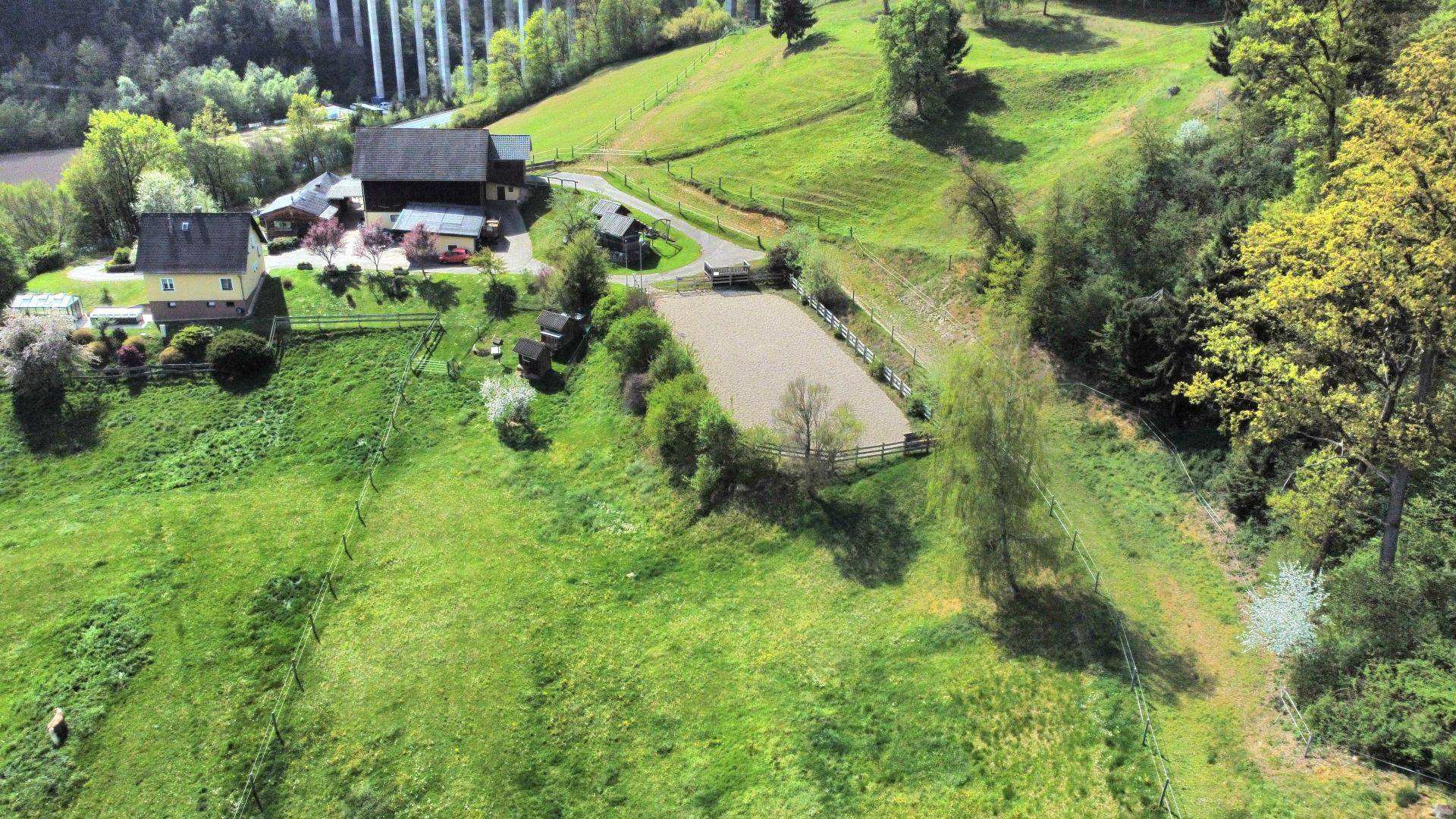 Weitläufige Luftaufnahme eines ländlichen Anwesens mit Reitplatz, umgeben von grünen Wiesen und Wäldern.