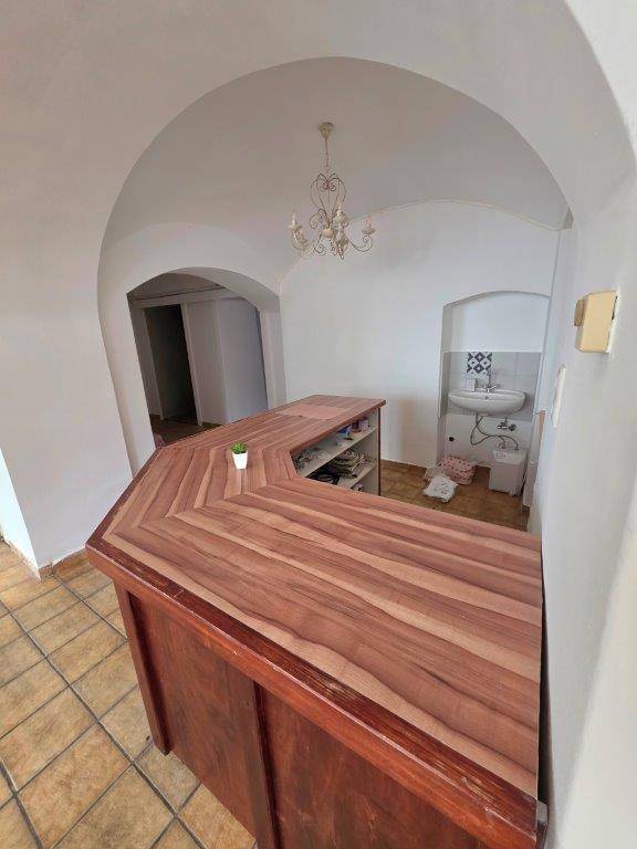 Bereich mit einer Holztheke und einem kleinen Waschbecken im Hintergrund, unter einer eleganten Gewölbedecke.