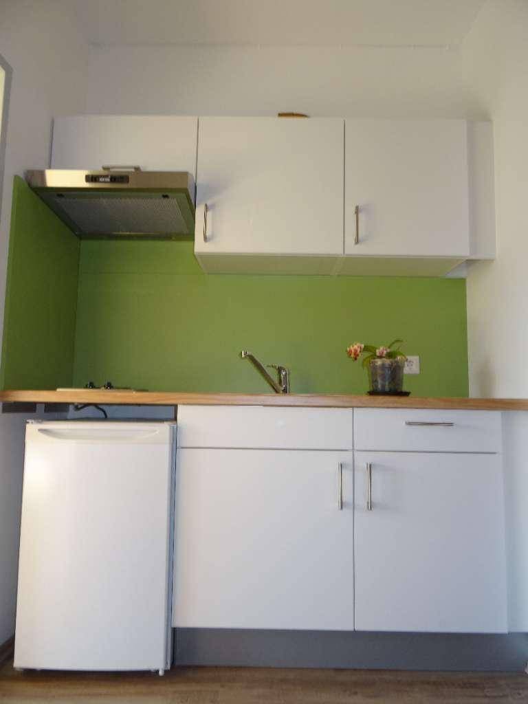 Moderne Küchenzeile mit grüner Rückwand, weißen Schränken und integriertem Kühlschrank.