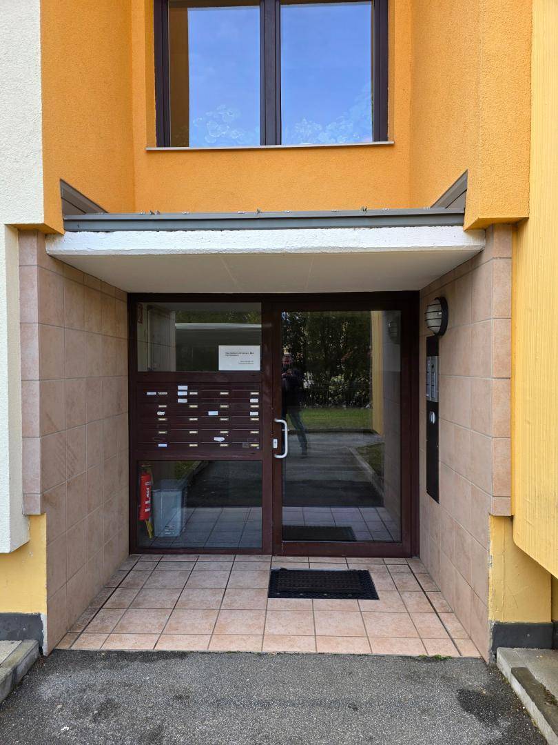 Eingangsbereich eines Mehrfamilienhauses mit Briefkästen und einer Glastür.