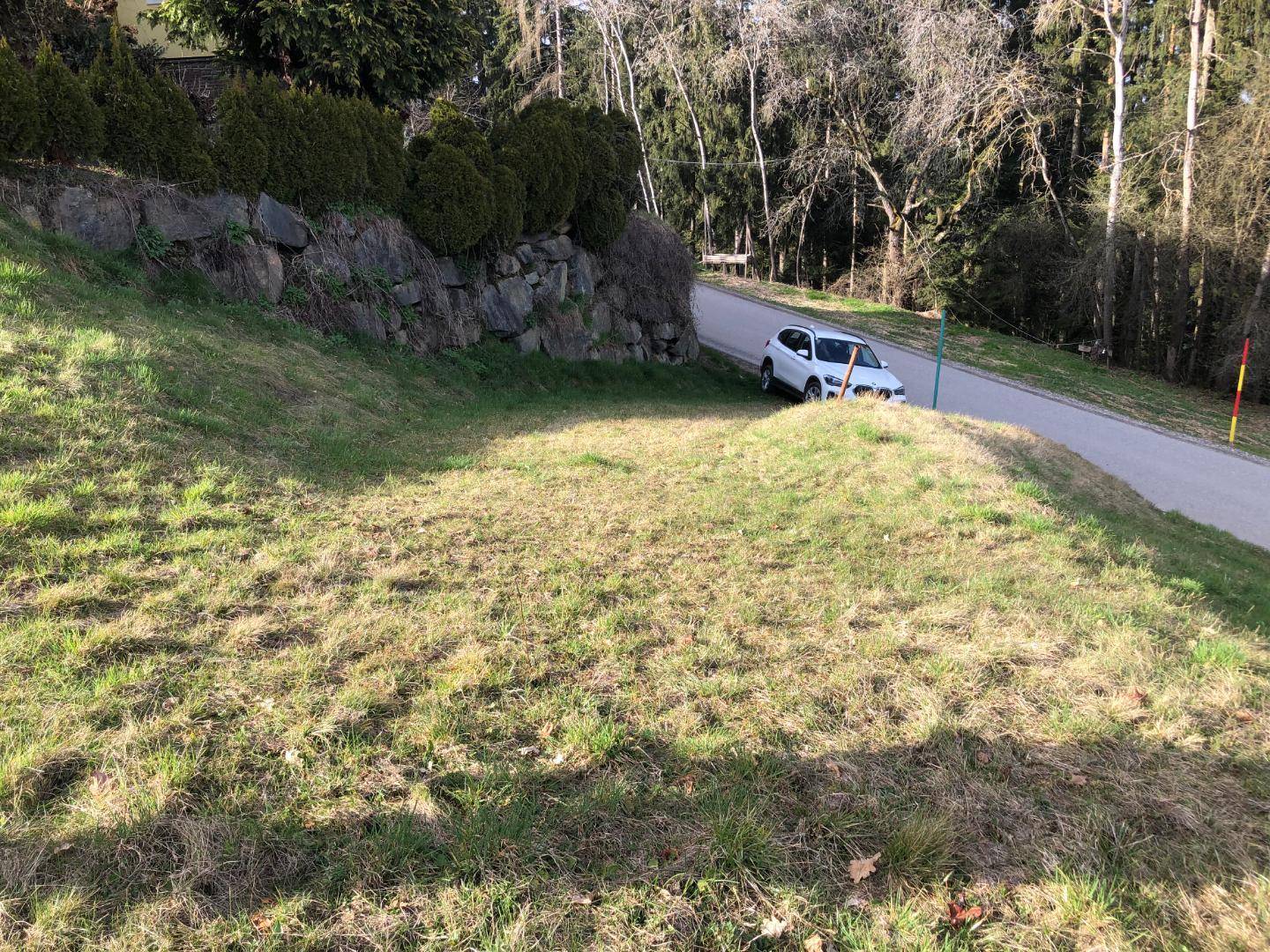 Grüne Böschung neben einer Straße mit einem weißen Auto und einer Steinmauer im Hintergrund.