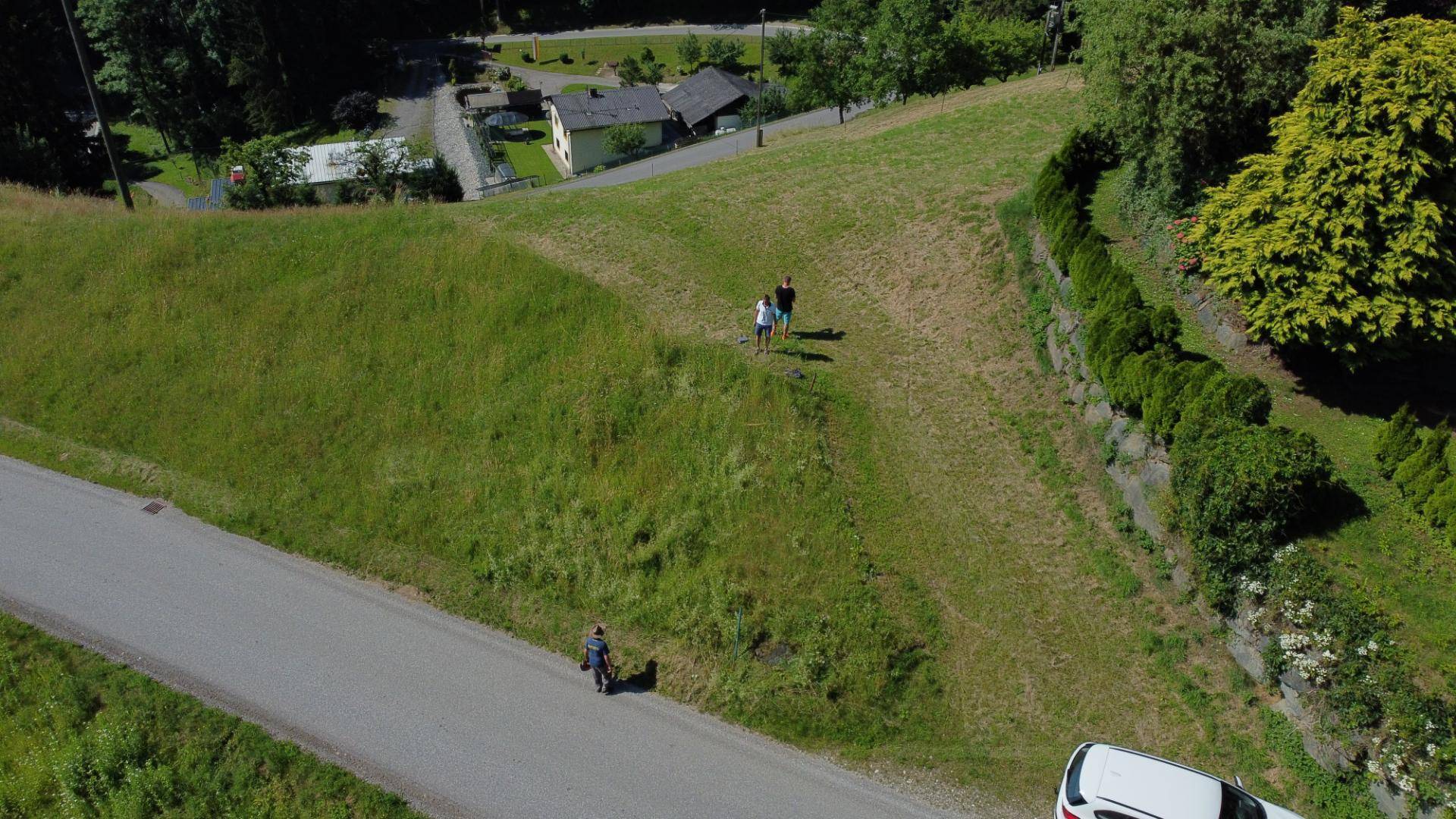 Luftaufnahme eines grünen Grundstücks neben einer Straße mit Personen und einem geparkten Auto.