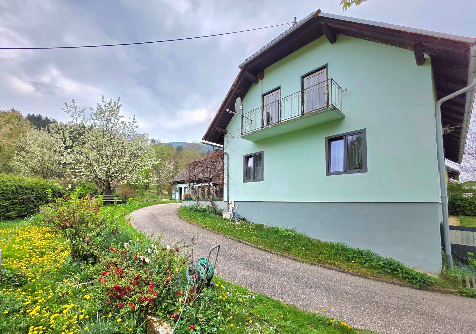 Hausfassade in hellem Grün mit kleinen Balkonen und einer Auffahrt, umgeben von blühenden Wiesen und Hügeln.