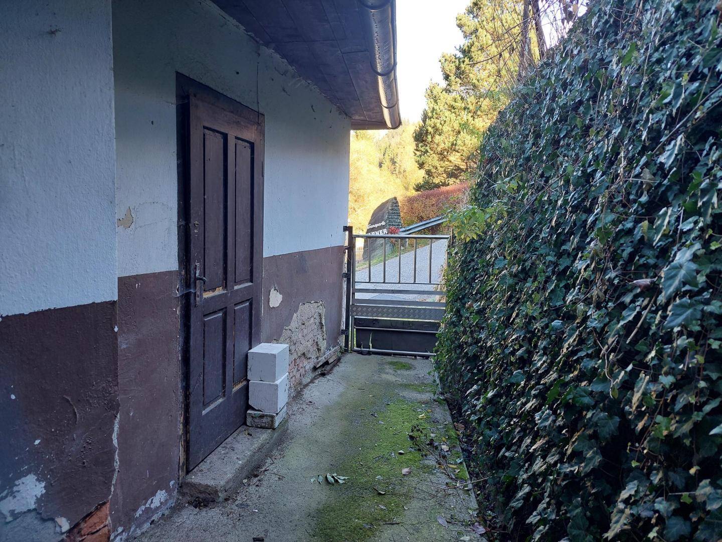 Seitlicher Zugang zum Haus mit einer alten Holztür und einer mit Efeu bewachsenen Mauer.
