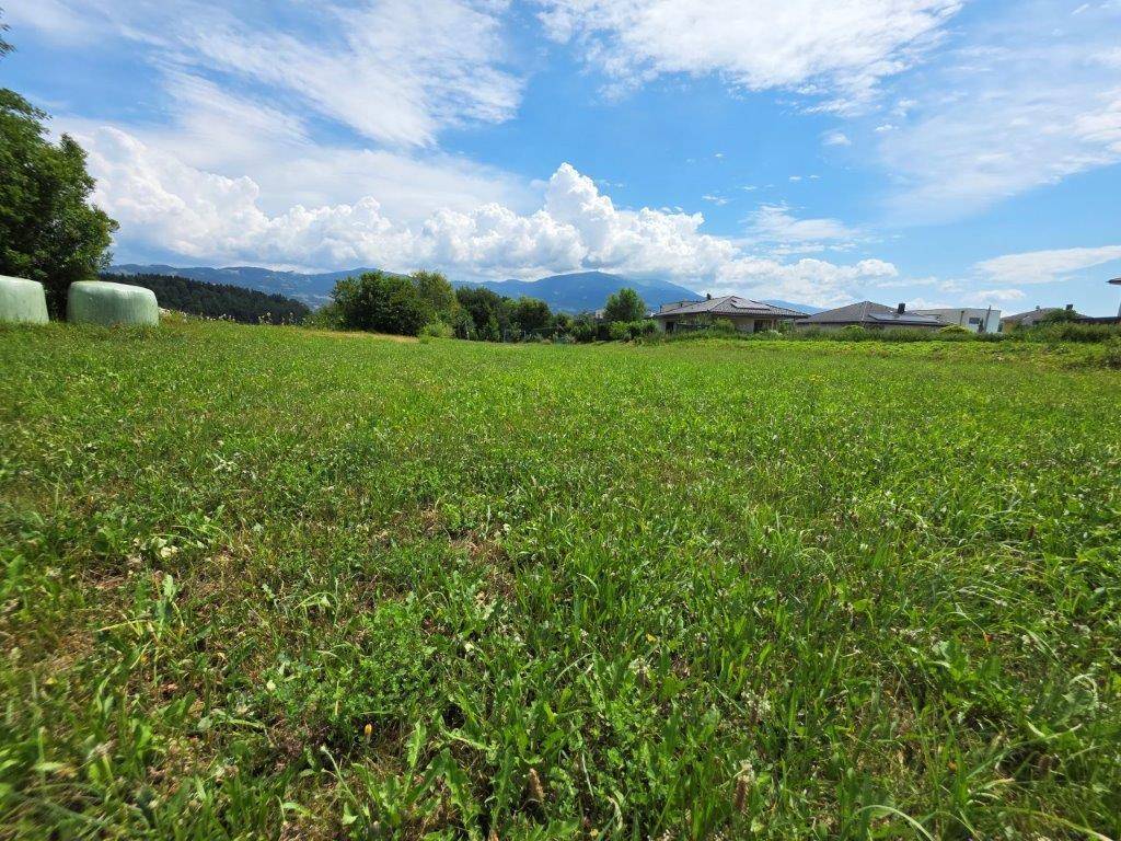 Weitläufige grüne Wiese unter blauem Himmel mit Häusern und Bergen in der Ferne.