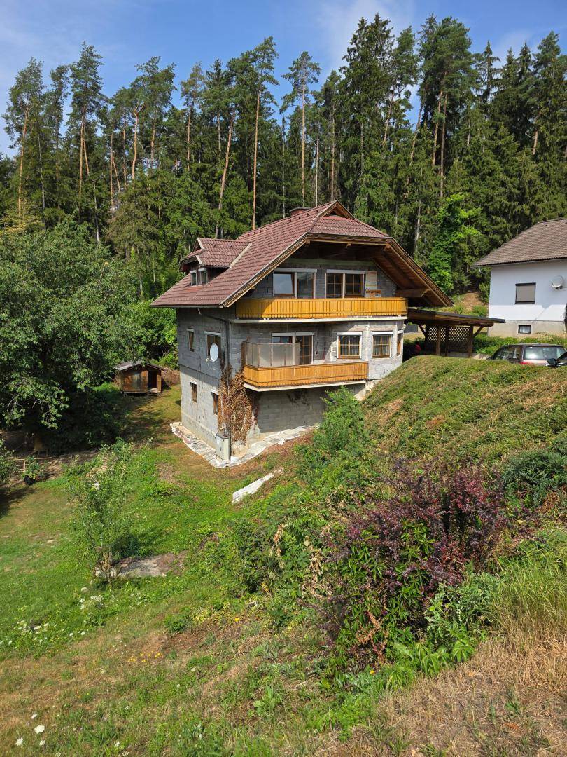 Freistehendes Haus am Hang mit Wald im Hintergrund und grüner Umgebung unter blauem Himmel.
