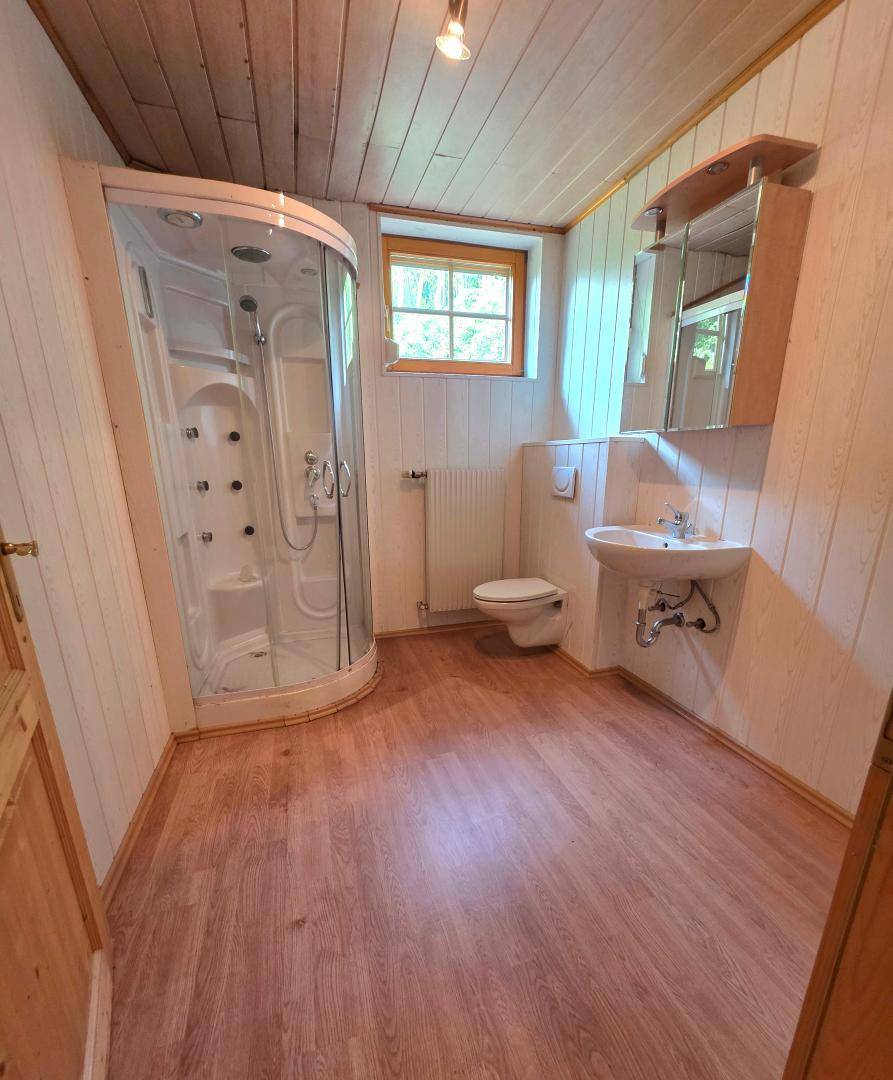 Badezimmer mit Duschkabine, WC und Waschbecken, ausgestattet mit Holzvertäfelung.