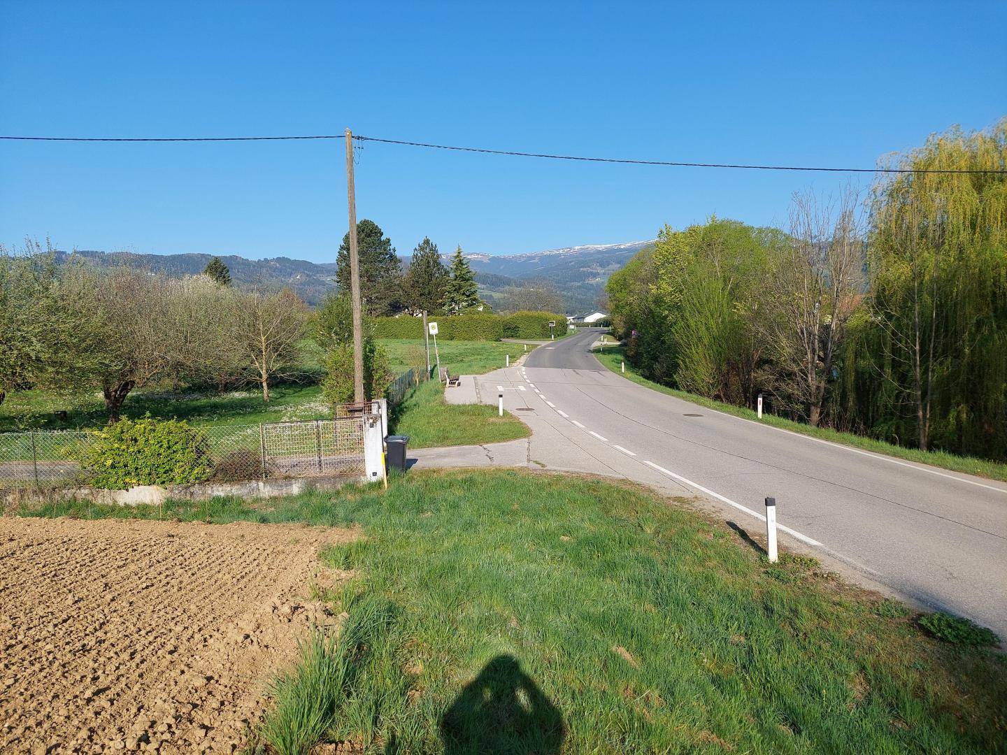 Weitläufige Landschaft mit einer Landstraße, umgeben von Bäumen und einem Blick auf ferne Berge unter blauem Himmel.