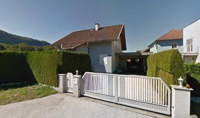 Vorderansicht des Hauses mit Einfahrt, weißem Tor und hohen Hecken, umgeben von Bergen.
