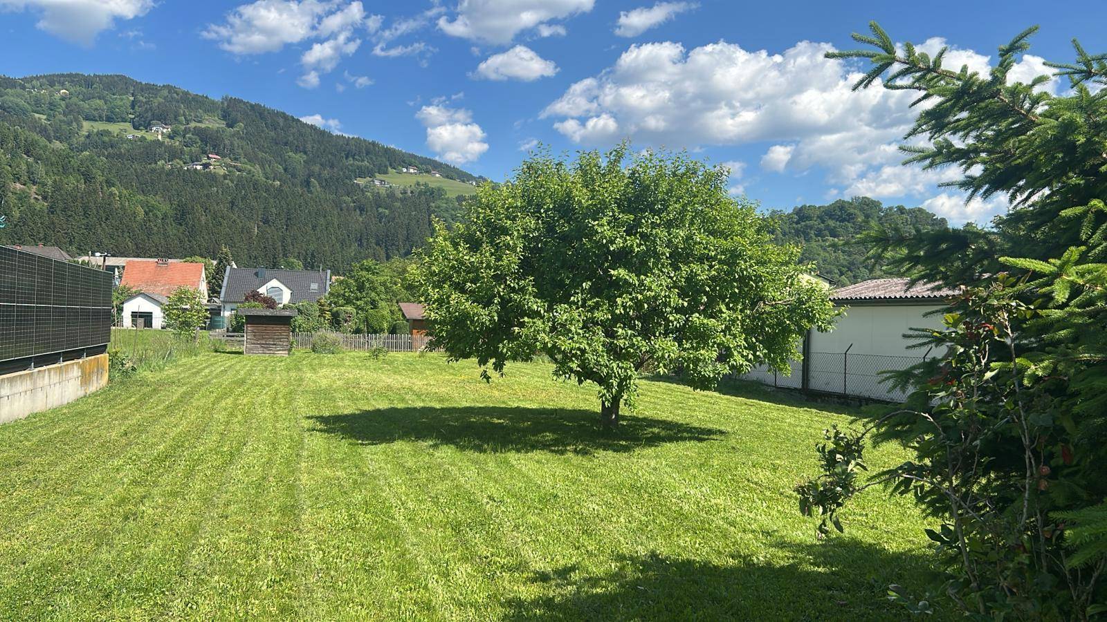 Gepflegte Rasenfläche mit einem Baum und weitem Blick auf die Berge unter blauem Himmel mit Wolken.