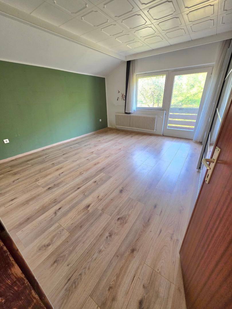Heller Wohnraum mit Laminatboden, grüner Akzentwand und Zugang zu einem Außenbereich.