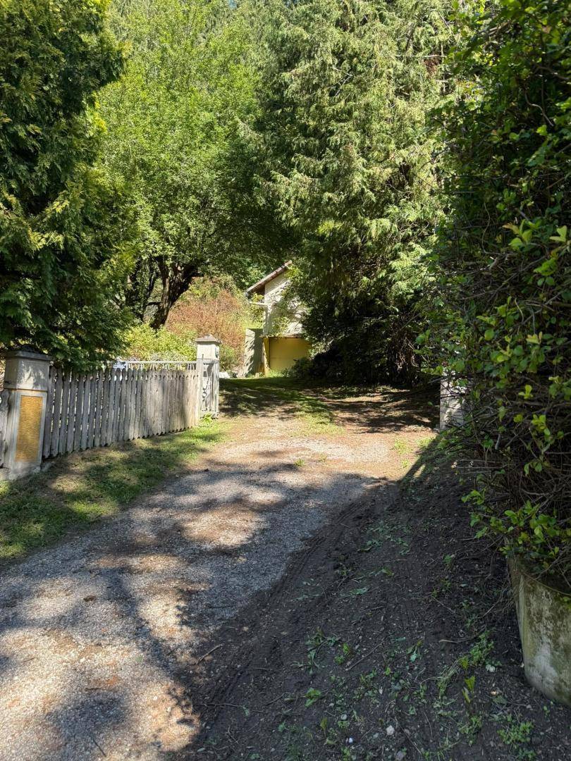 Kiesauffahrt führt zum Haus, umgeben von Bäumen und einem Holzzaun.