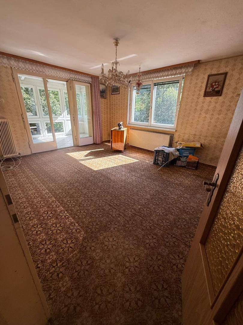 Helles Wohnzimmer mit gemustertem Teppichboden und Zugang zu einem Wintergarten.