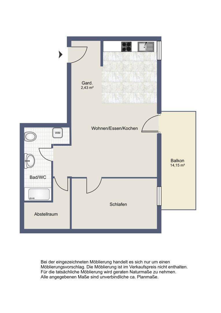 Grundriss der Wohnung mit offenem Wohnbereich, Schlafzimmer, Bad und Balkon.