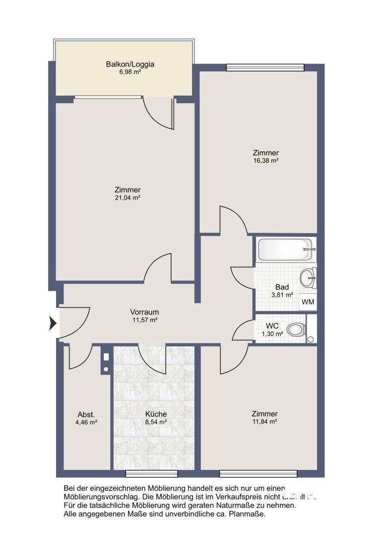 Detaillierter Grundriss mit Aufteilung in Zimmer, Küche, Bad, WC und Zugang zu Balkon/Loggia.