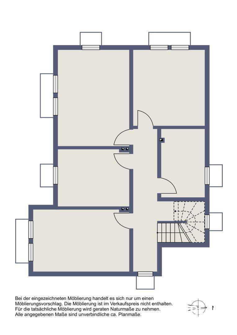 Grundriss des Obergeschosses mit mehreren Zimmern und Balkonzugängen.
