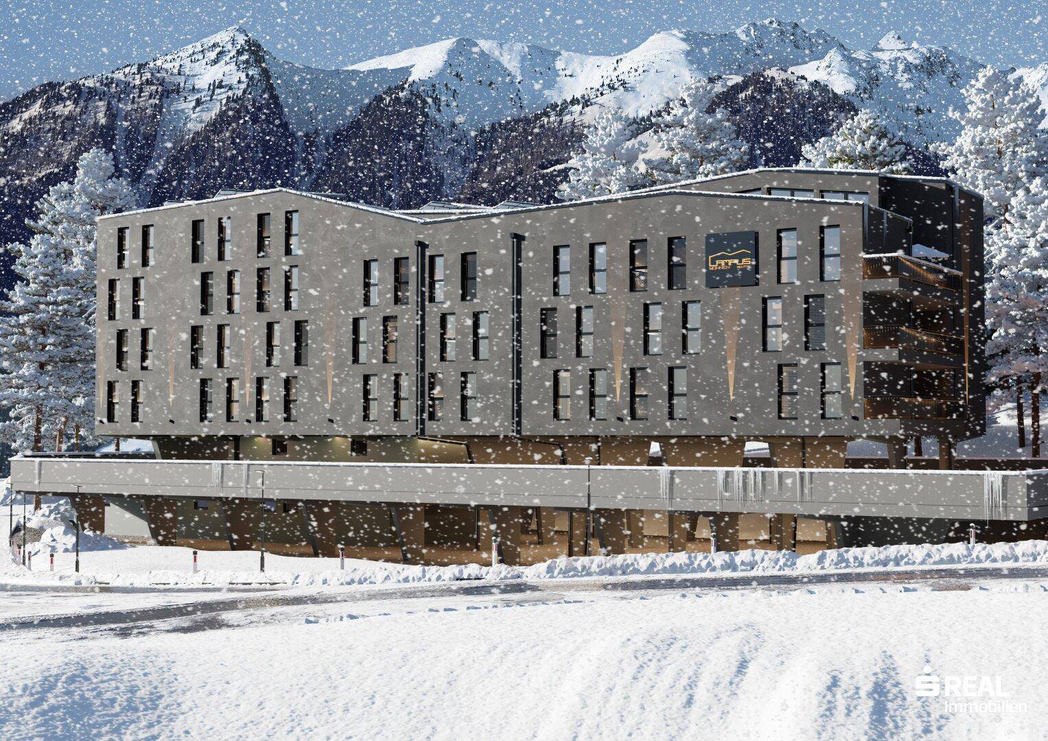 Visualisierung eines modernen Gebäudes in verschneiter Berglandschaft mit klarem Himmel.