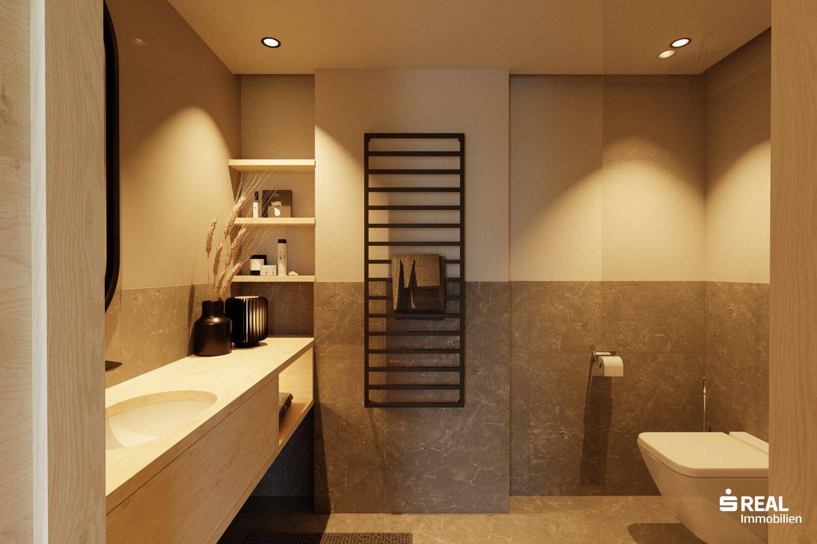 Modernes Badezimmer mit dunklen Fliesen, Holzwaschtisch, Wand-WC und beheiztem Handtuchhalter.