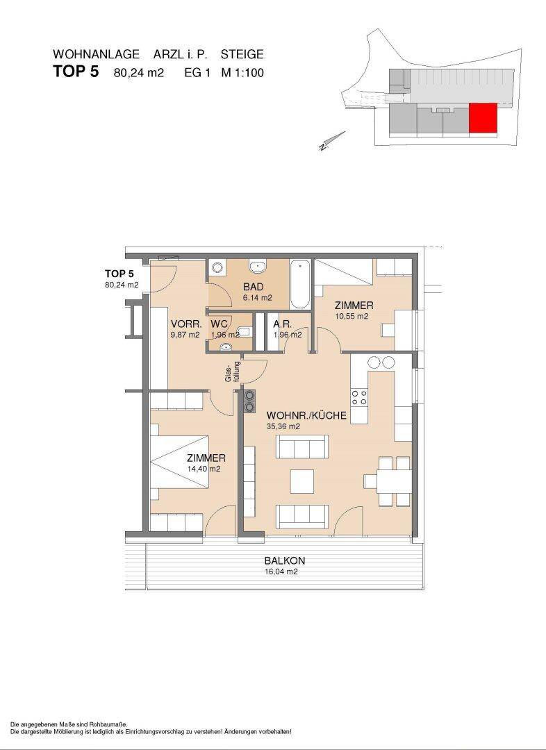 Grundriss der Wohnung TOP 5 mit 80,24 m² Wohnfläche, Balkon und offener Wohnküche.