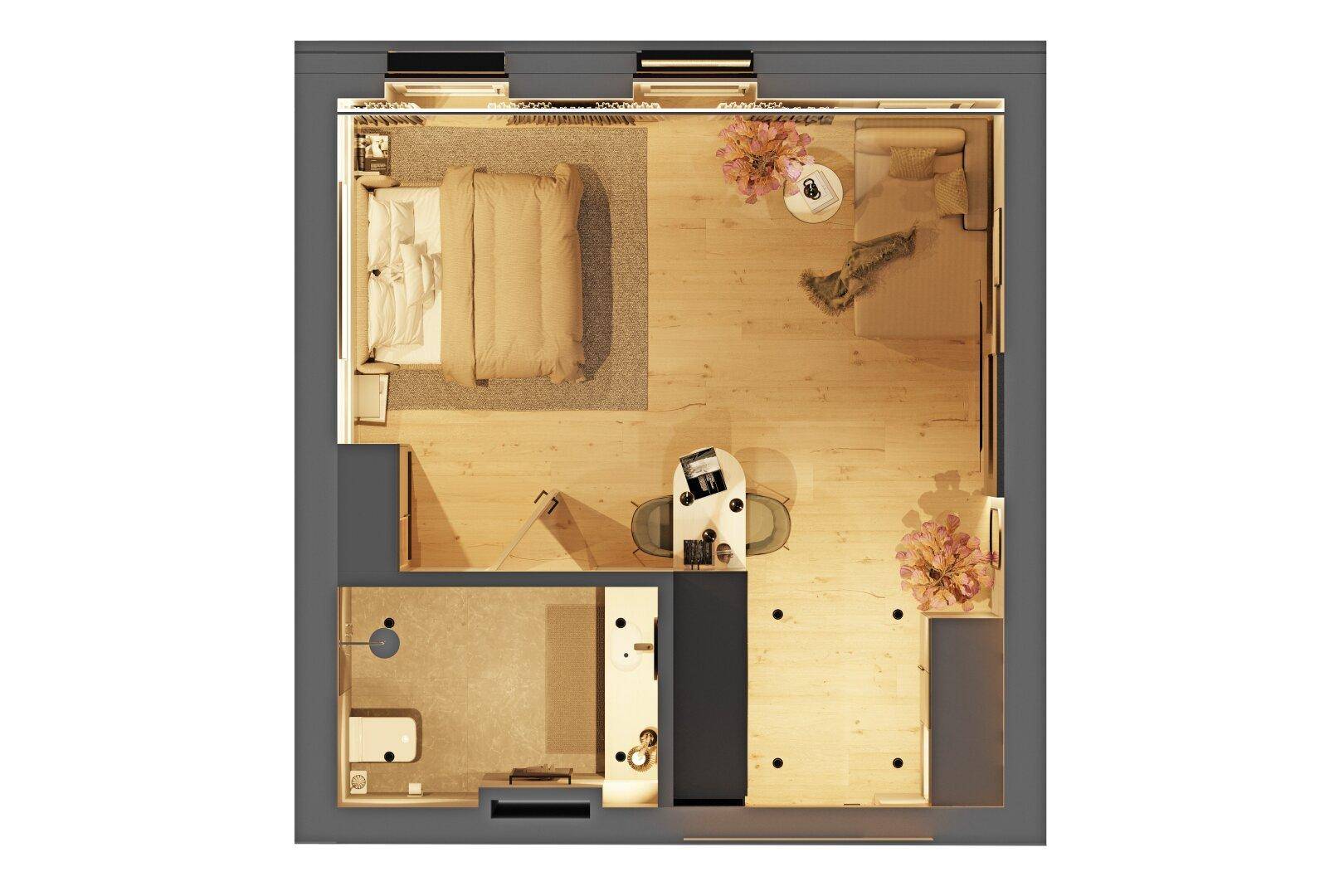 Grundriss eines modernen Apartments mit Schlafzimmer, Bad und offenem Wohnbereich.
