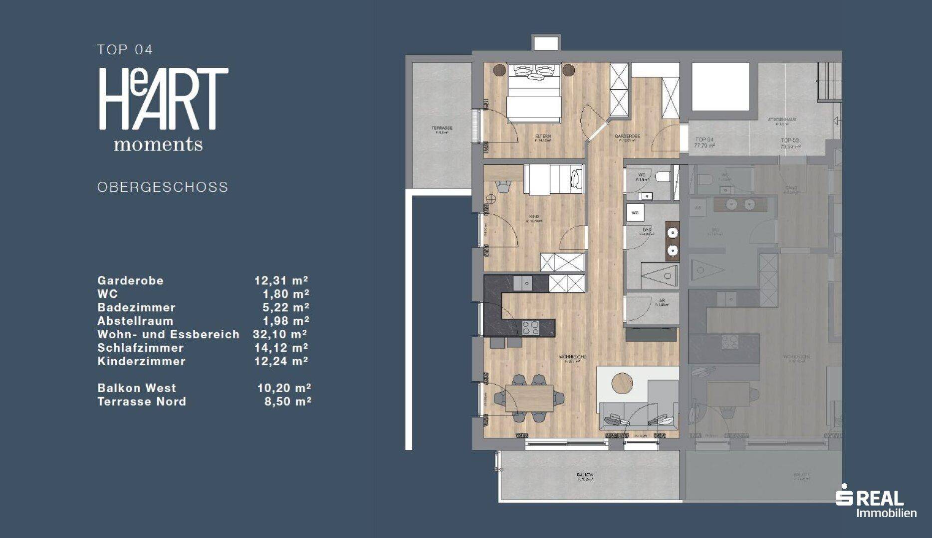Detaillierter Grundriss der Obergeschosswohnung TOP 04 mit Balkon und Terrasse.