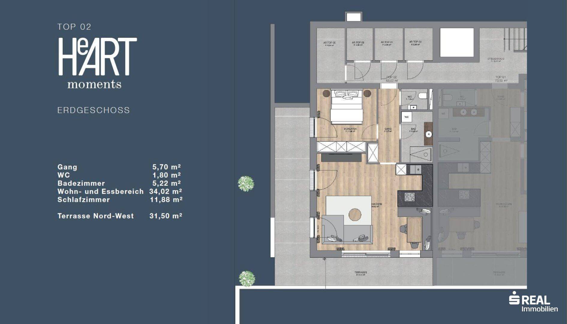 Grundriss der Erdgeschosswohnung mit offenem Wohn-Essbereich, Schlafzimmer und großer Terrasse.
