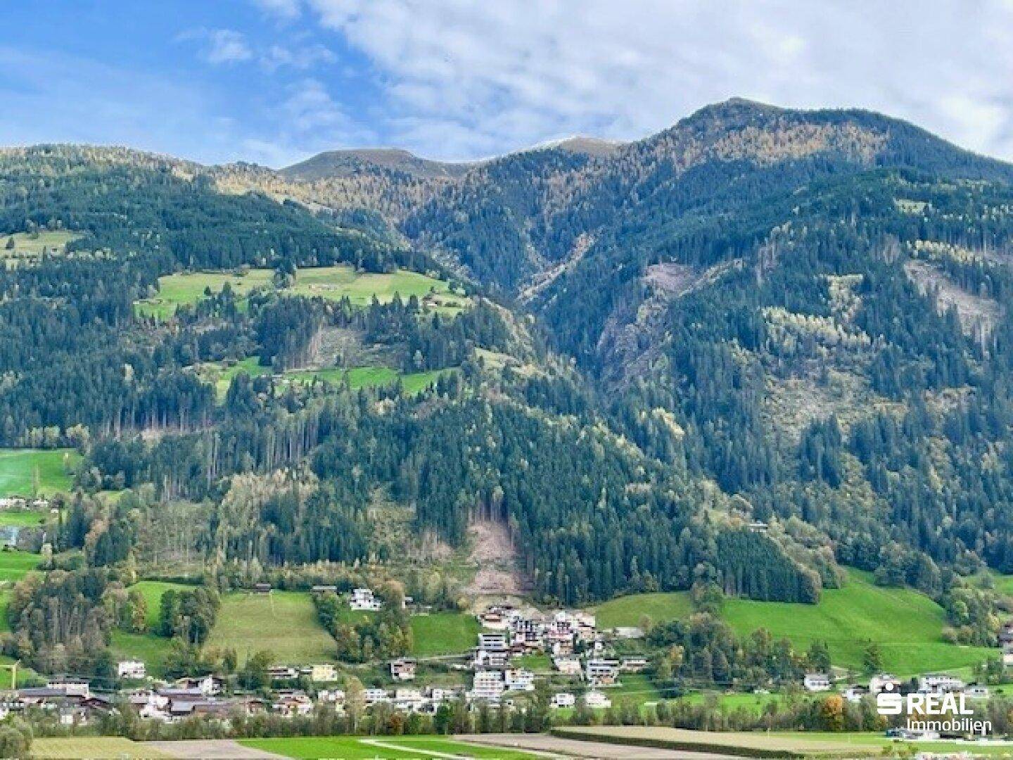 Weitläufiger Panoramablick über ein grünes Tal mit bewaldeten Bergen und ländlicher Bebauung.