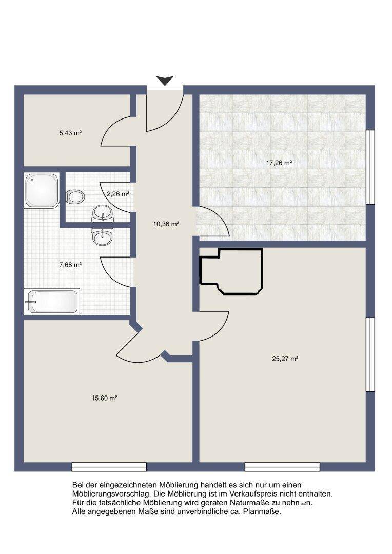 Grundriss einer Wohnung mit mehreren Zimmern, Bad und WC.