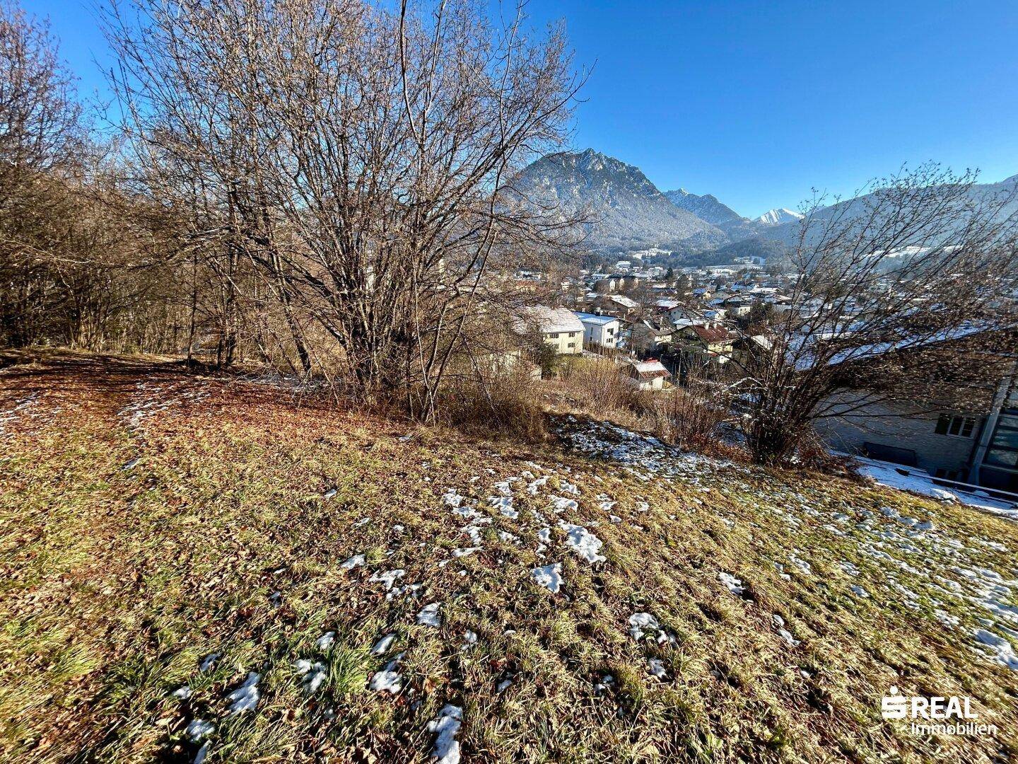 Blick über einen teilweise schneebedeckten Hügel mit Bäumen und einer entfernten Stadtkulisse.