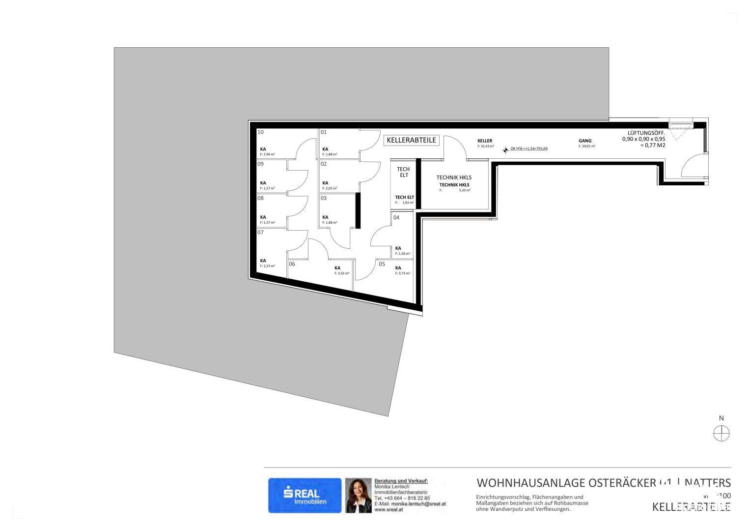 Grundriss der Kellerabteile und Technikräume im Untergeschoss des Gebäudes.
