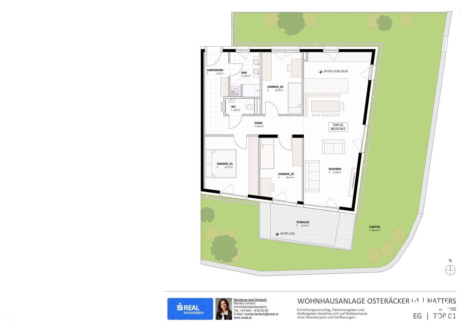 Grundriss des Erdgeschosses zeigt eine Wohneinheit mit drei Zimmern, Bad, WC, Terrasse und Garten.