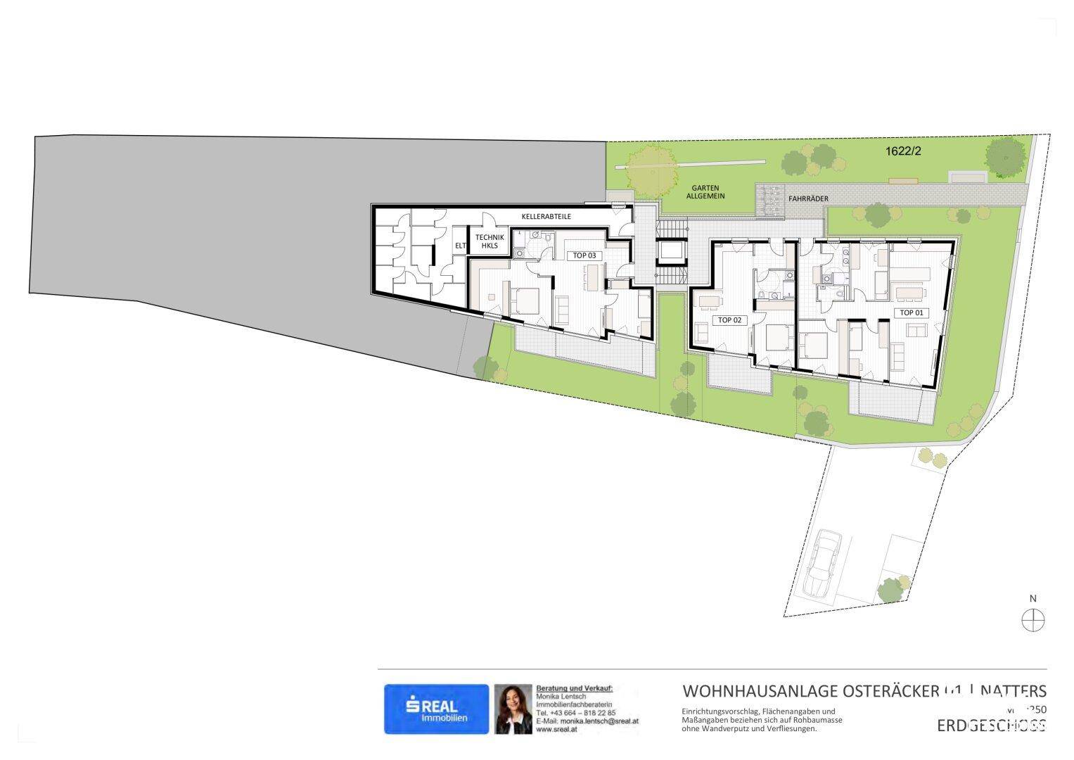 Erdgeschoss-Grundriss mit mehreren Wohneinheiten, Kellerabteilen, gemeinsamem Garten und Fahrradraum.
