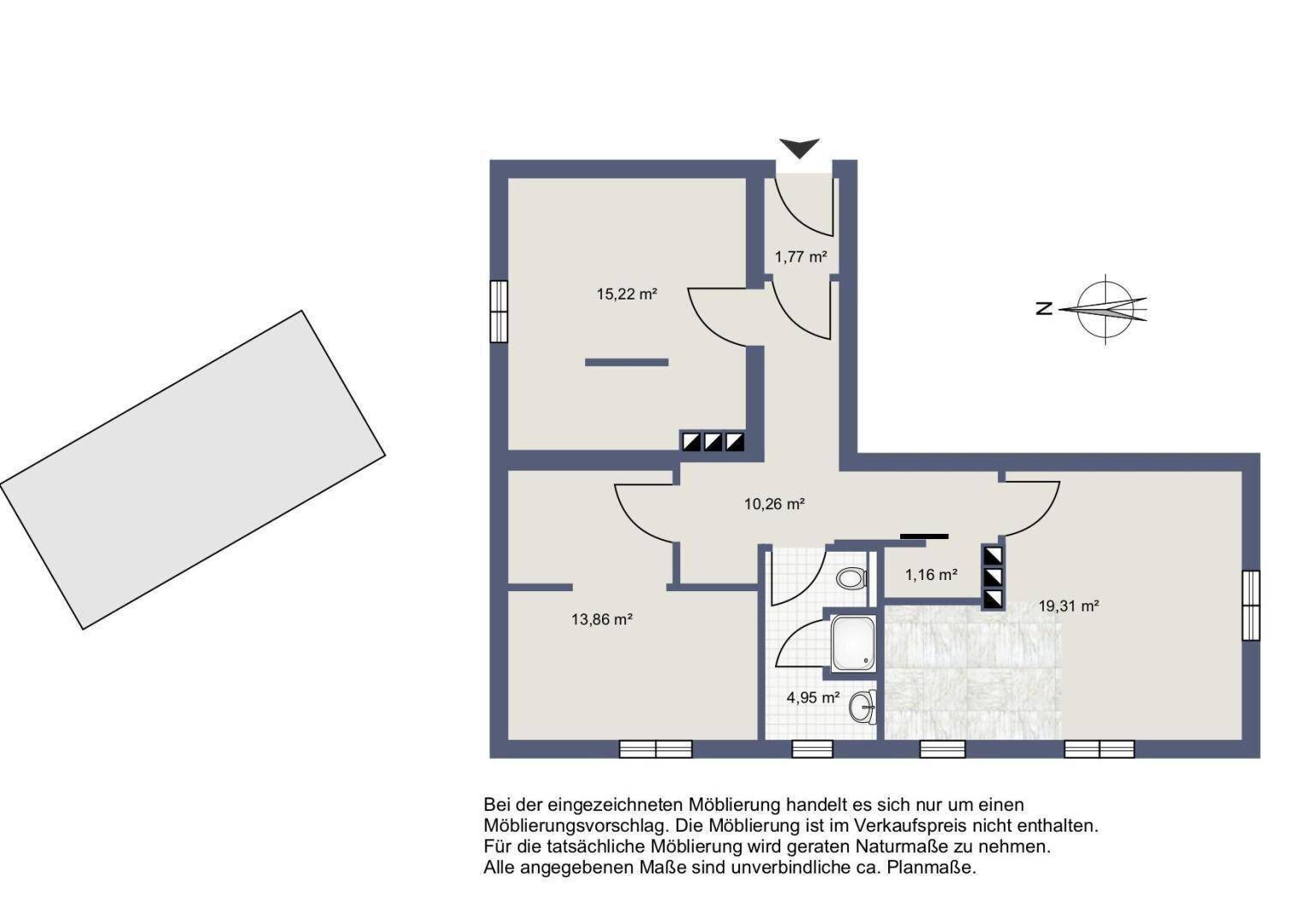 Grundriss einer Wohnung mit mehreren Zimmern, Bad und separatem WC.