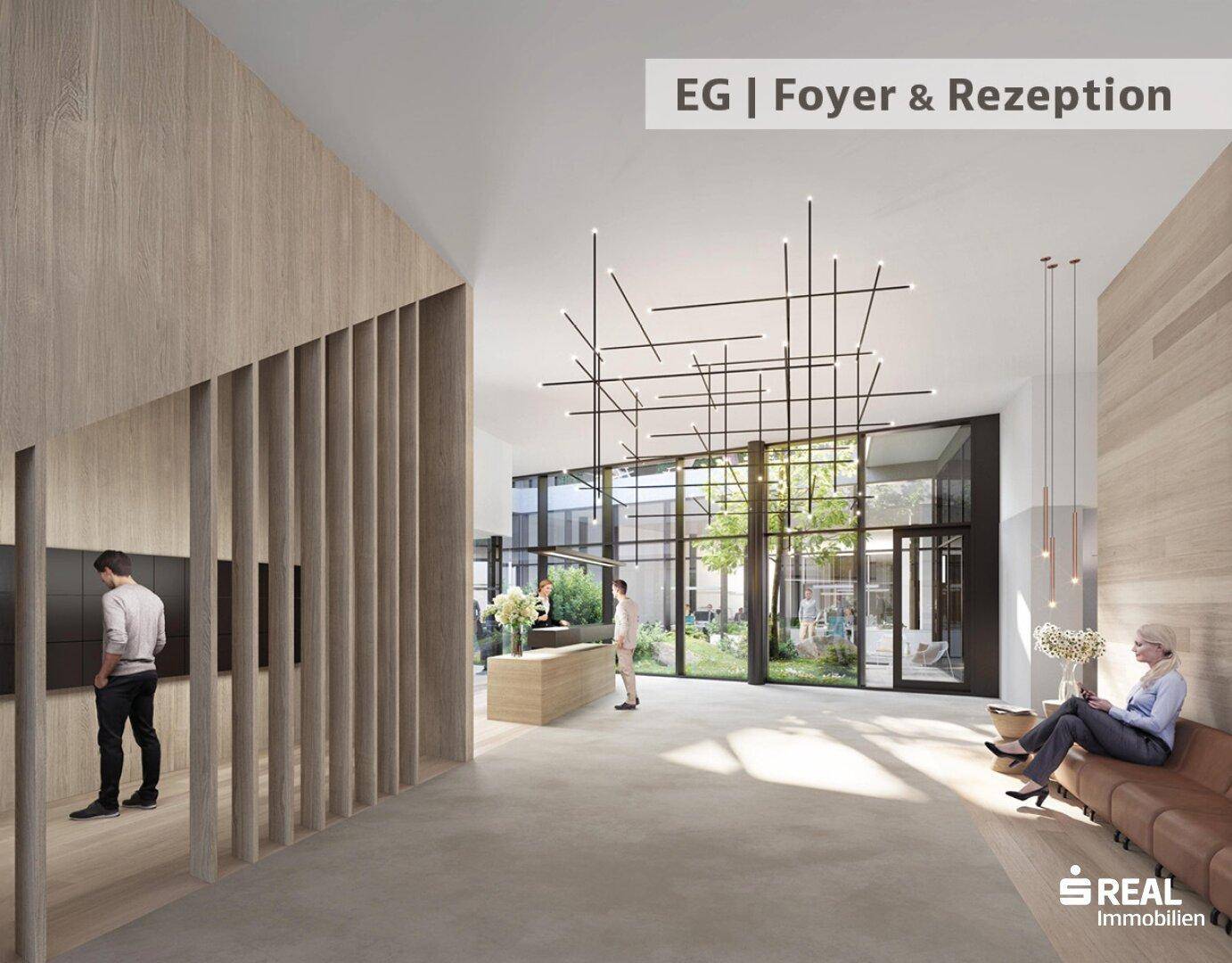 Modernes Foyer und Rezeptionsbereich mit hohen Decken, Holzvertäfelung und großen Fenstern.
