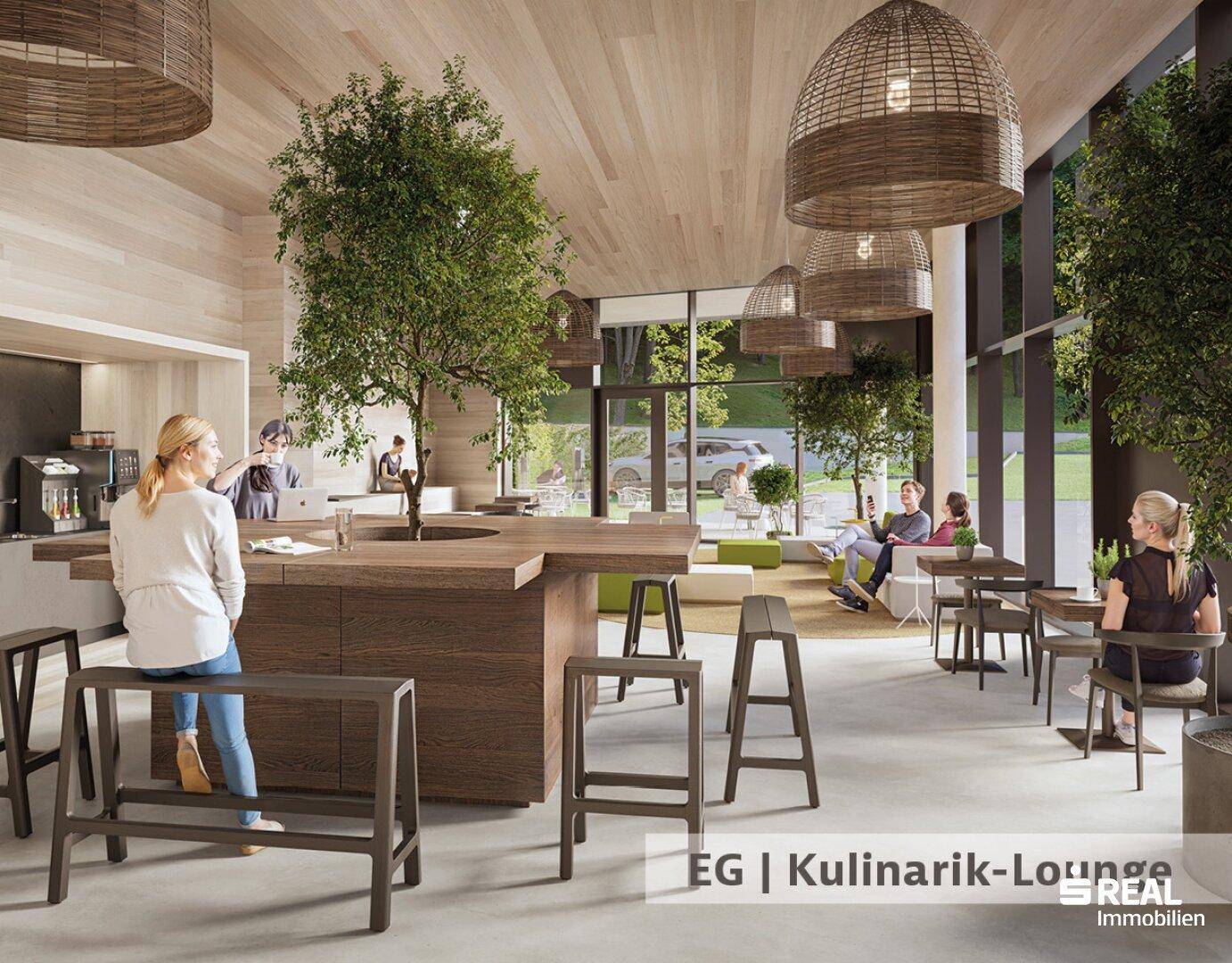 Moderne Kulinarik-Lounge mit Holzelementen, Pflanzen und gemütlichen Sitzbereichen.