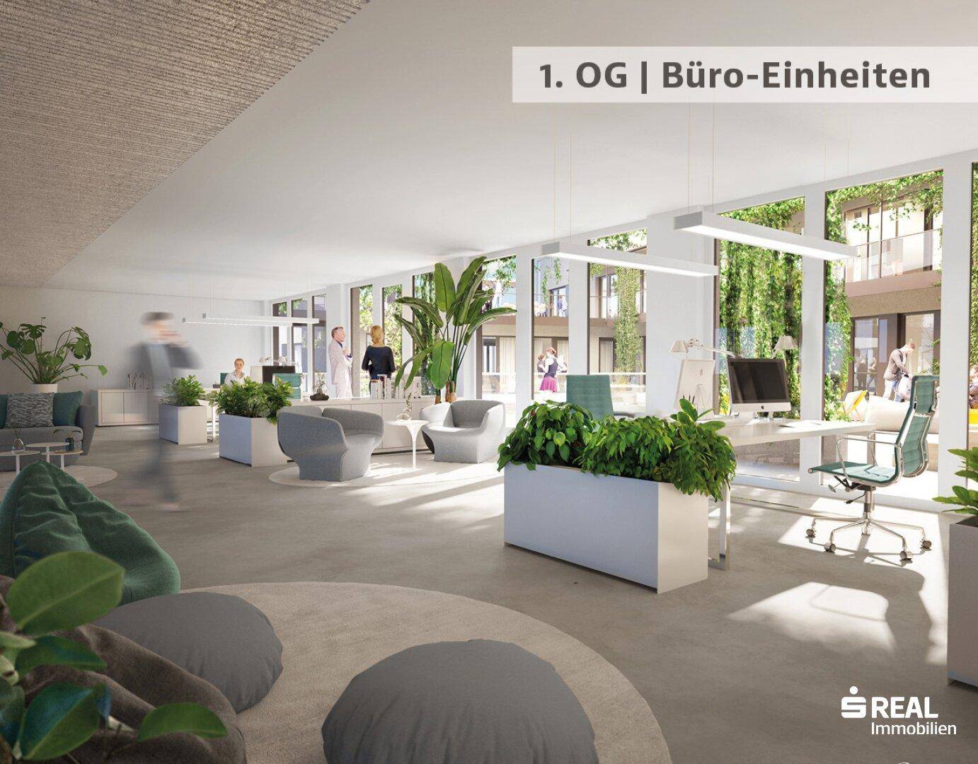 Helles Großraumbüro mit großen Fenstern, Blick auf begrünte Wände und moderne Einrichtung, förderlich für Produktivität.