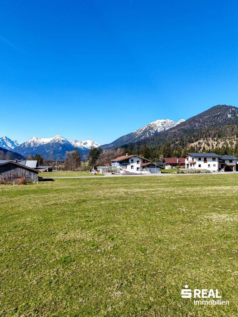 Weitläufiger Blick über ein grünes Tal mit verstreuten Häusern und beeindruckenden schneebedeckten Berggipfeln am Horizont.