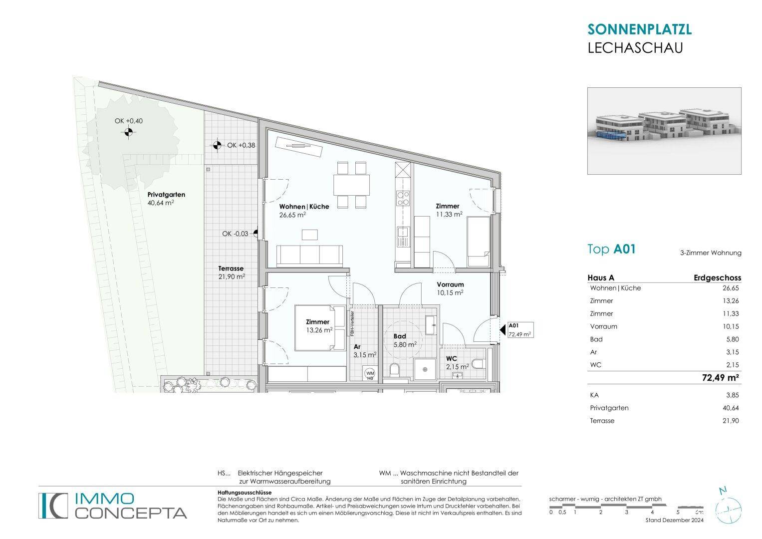 Grundriss der 3-Zimmer-Wohnung Top A01 im Erdgeschoss mit Terrasse und Privatgarten.