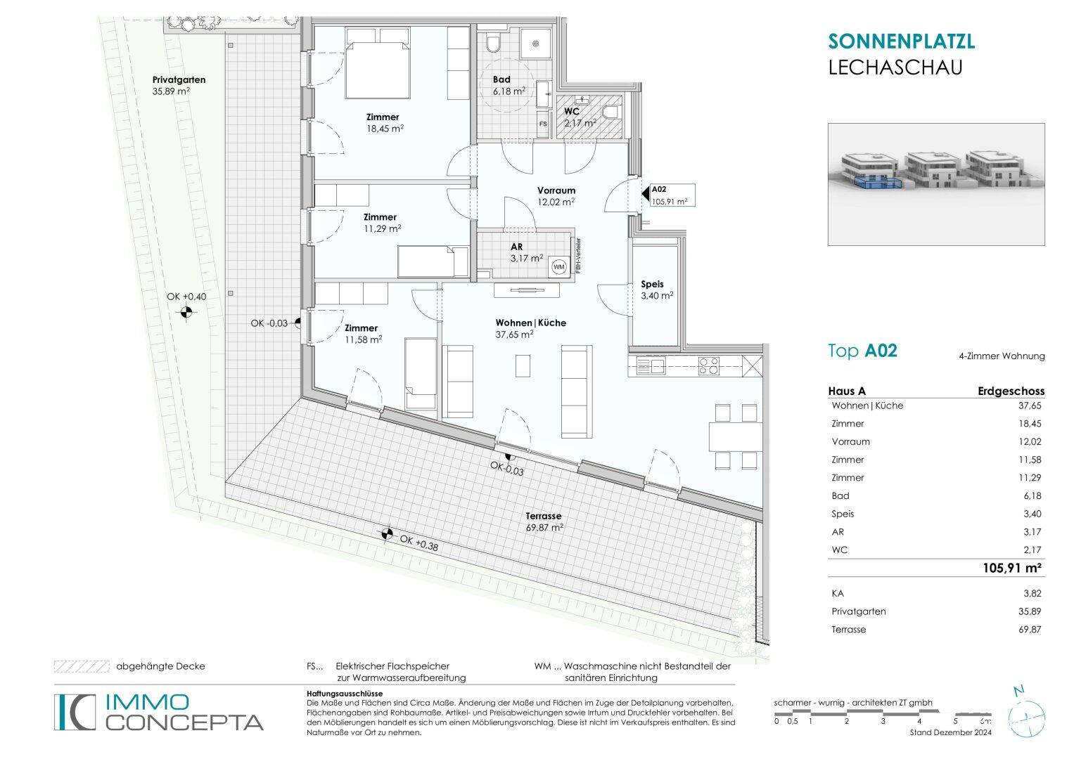 Grundriss der 4-Zimmer-Wohnung Top A02 im Erdgeschoss mit großer Terrasse und Privatgarten.