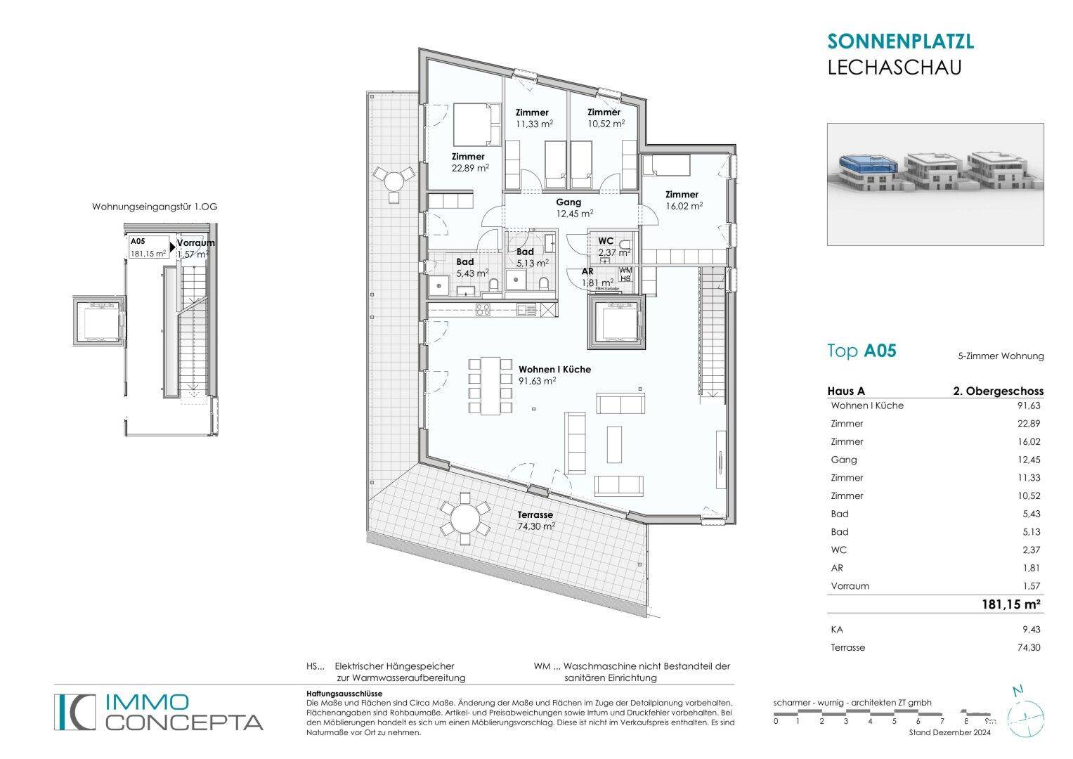 Grundriss der 5-Zimmer-Wohnung Top A05 im 2. Obergeschoss mit großer Terrasse und offenem Wohnbereich.