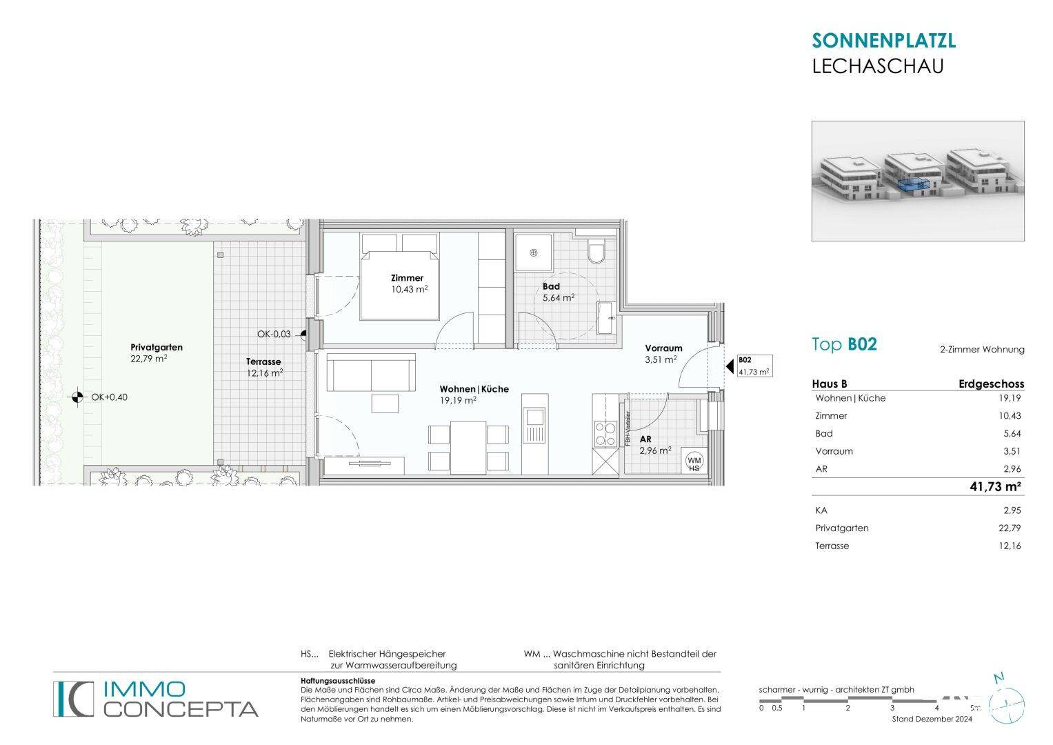 Grundriss der 2-Zimmer-Wohnung Top B02 im Erdgeschoss mit Terrasse und Privatgarten.